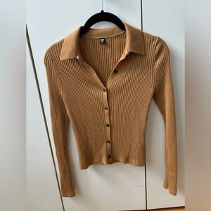 Uniqlo Merino Wool Ribbed Polo Cardigan - camel color